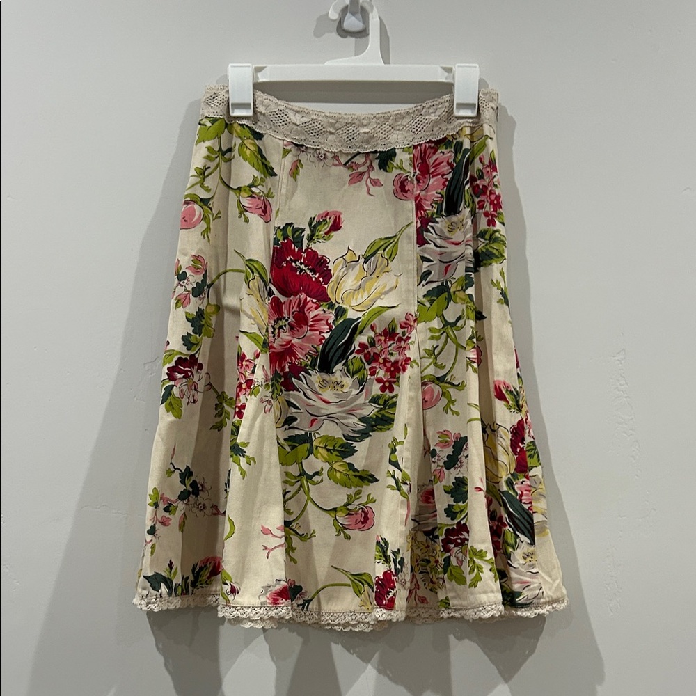 CAbi Floral A-Line Skirt – Lace Trim, Boho Cottagecore Style, Size 4